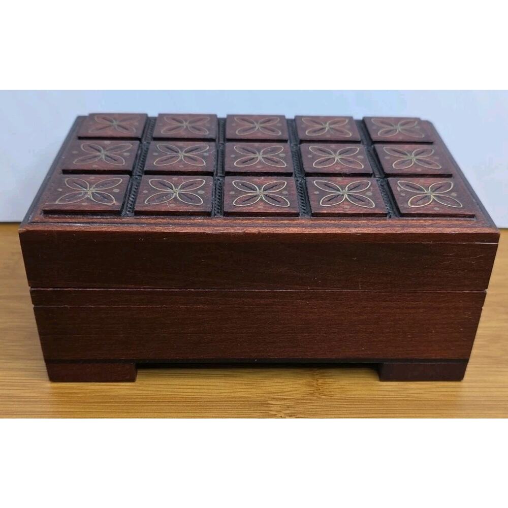Small Wooden Trinket Box with Hinged Lid red lined storage 6x4 inches